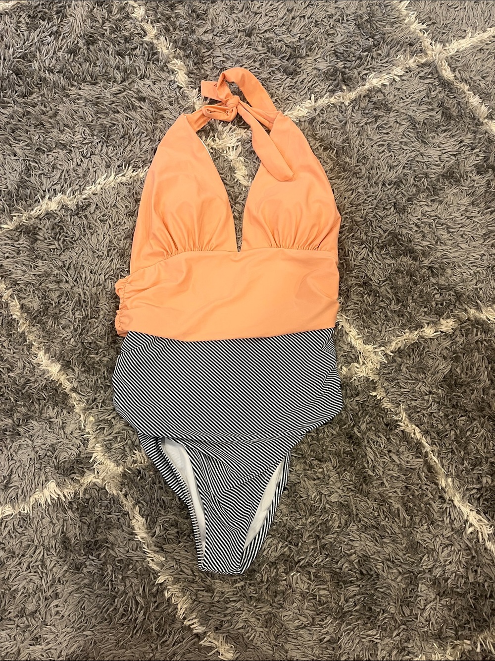 Cupshe Orange Halter One-Piece Swimsuit with Black-and-White Striped Bottom